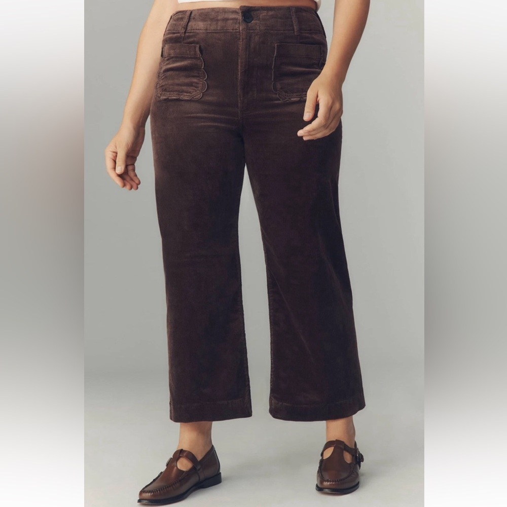 Maeve Colette Anthropologie Brown Corduroy Wide Leg Crop Pants Scallops 22W